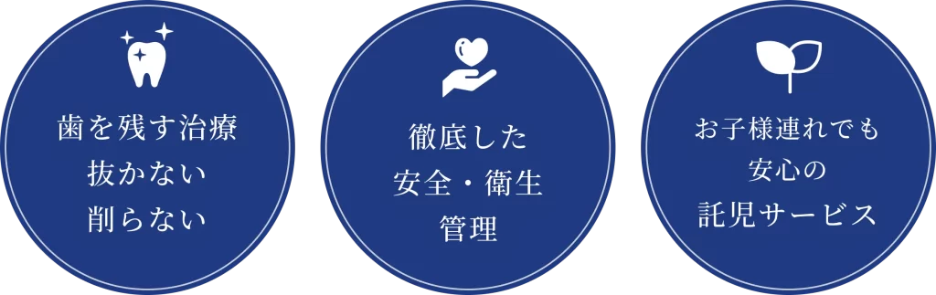 歯を残す治療、抜かない、削らない
徹底した安全・衛生管理
お子さま連れでも安心の託児サービス